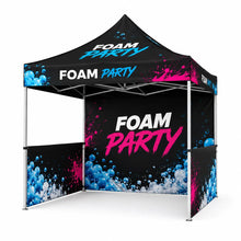 5x5 custom classic foam party tent with printed canopy, full back wall, side half walls, and open front on a clean white background