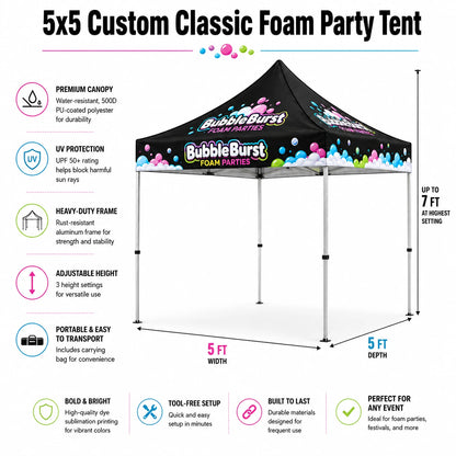 5x5 Custom Classic Foam Party Tent key features infographic
