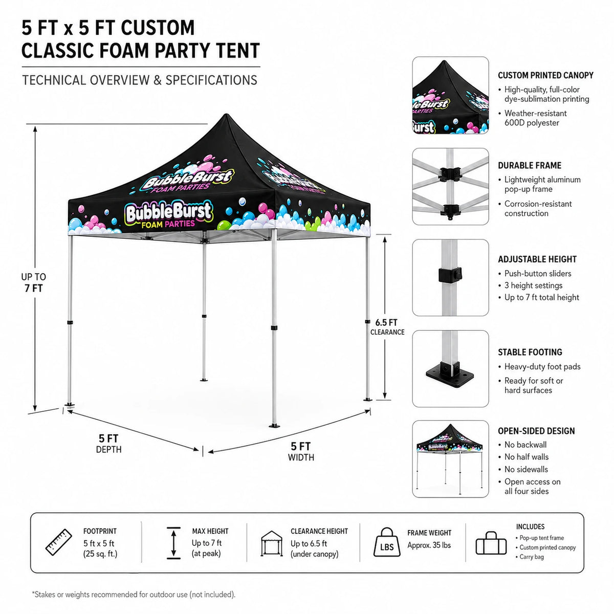 5x5 Custom Classic Foam Party Tent layout / branding zones image