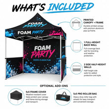 What's included infographic showing printed canopy and frame, full-height back wall, two side half-height walls, and optional add-ons