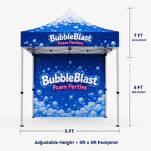 Front view dimensions infographic showing 5 ft by 5 ft footprint and adjustable height up to 7 ft