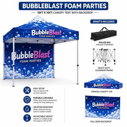 Feature callout infographic highlighting printed canopy fabric, aluminum frame, telescoping legs, open side access, and full rear backdrop