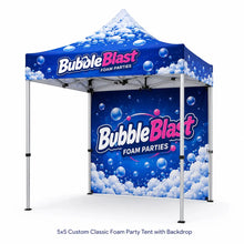 5x5 custom classic foam party tent with full rear backdrop, open sides, and generic foam party branding on a clean white background