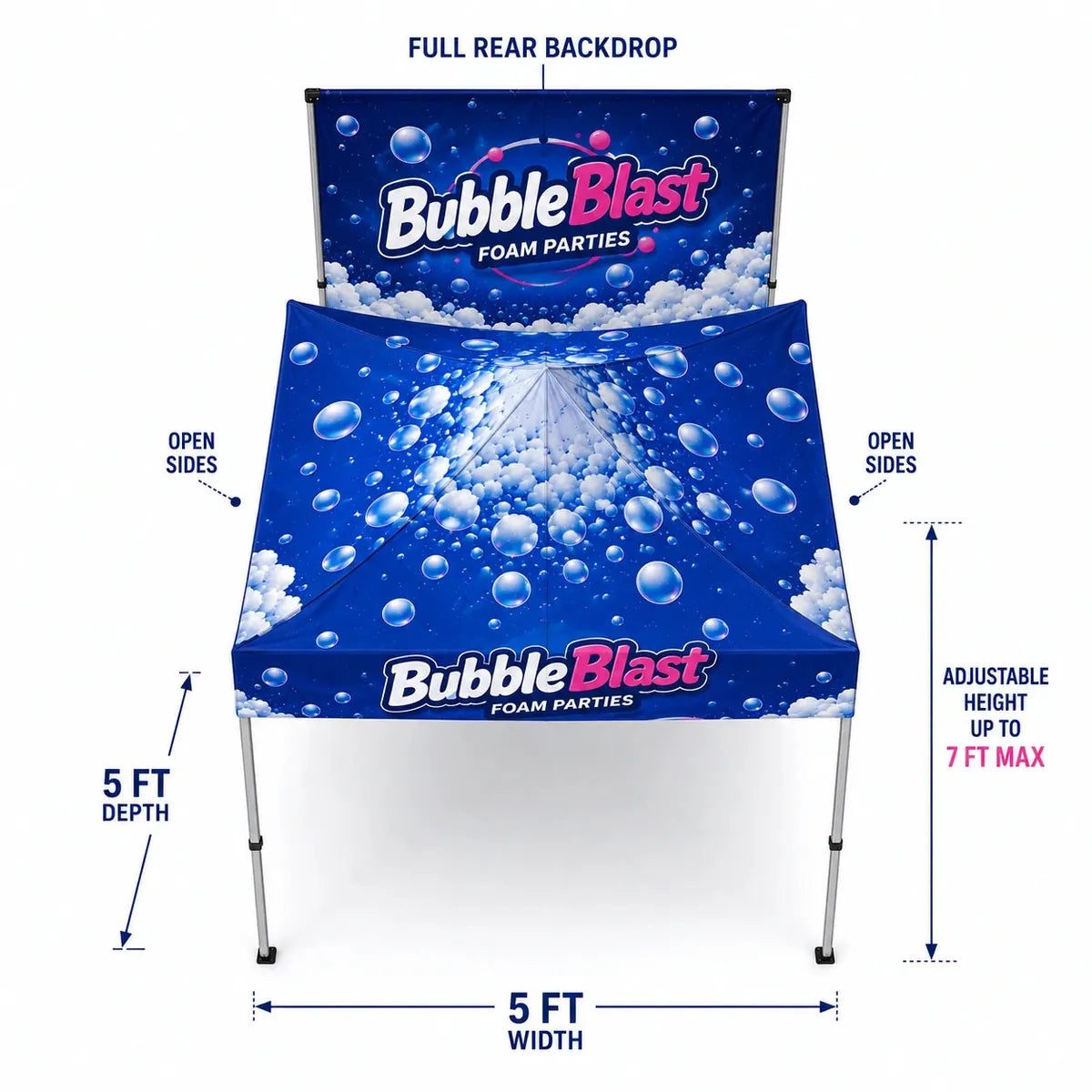 Top-down configuration diagram showing full rear backdrop, open sides, 5 ft width, 5 ft depth, and adjustable height up to 7 ft