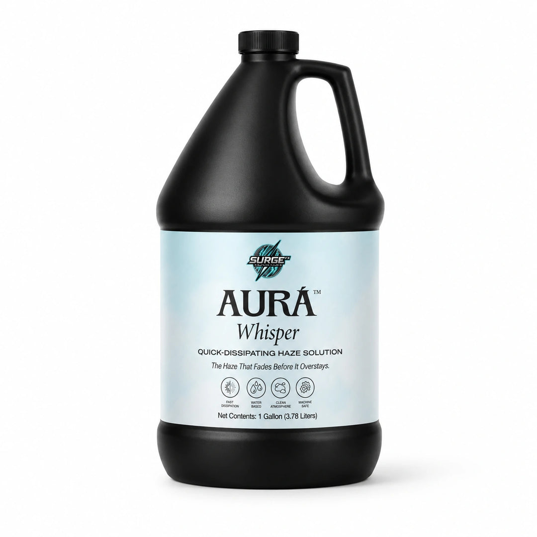 Clean white background hero image of Aurà Whisper fast-dissipating haze fluid in black bottle.