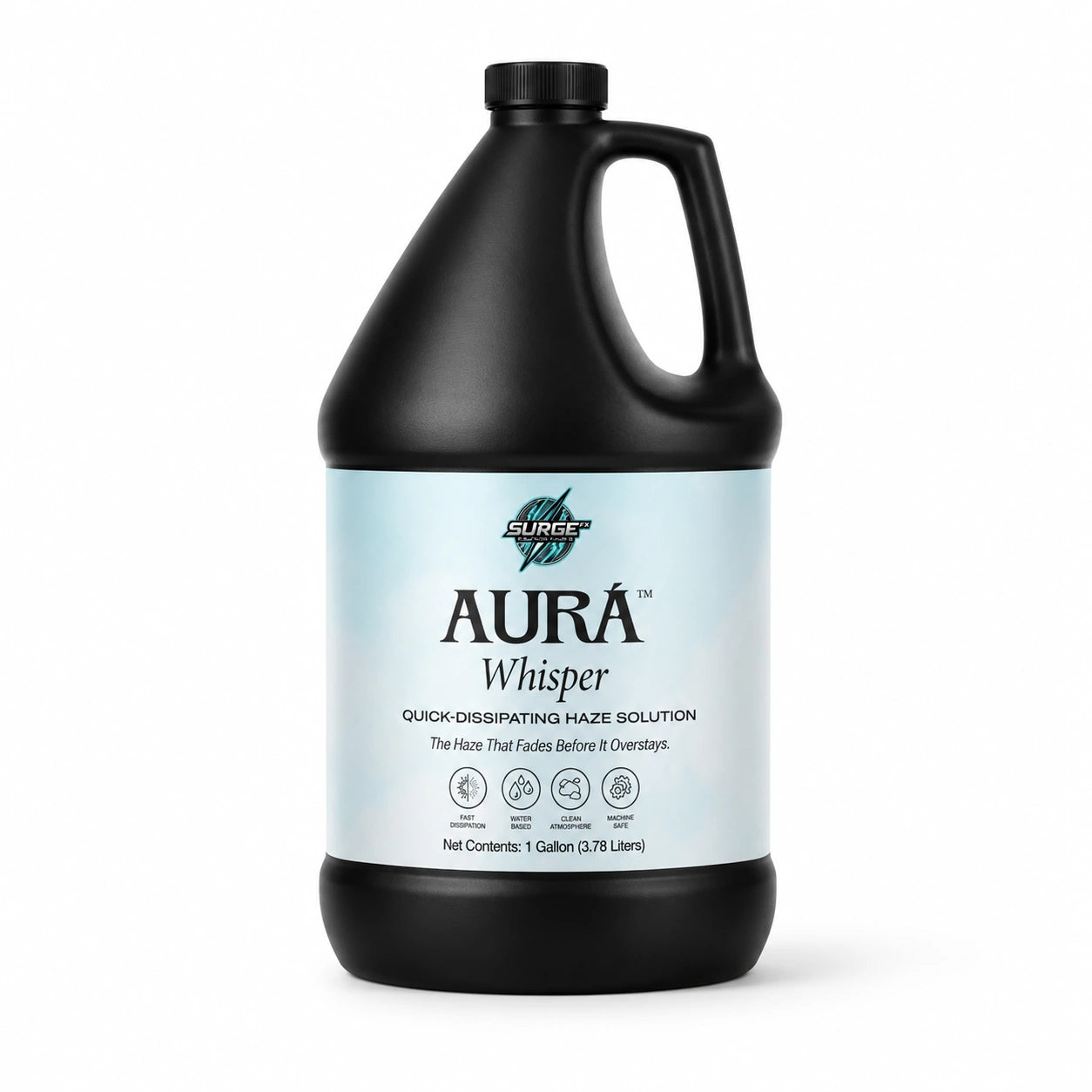 Clean white background hero image of Aurà Whisper fast-dissipating haze fluid in black bottle.