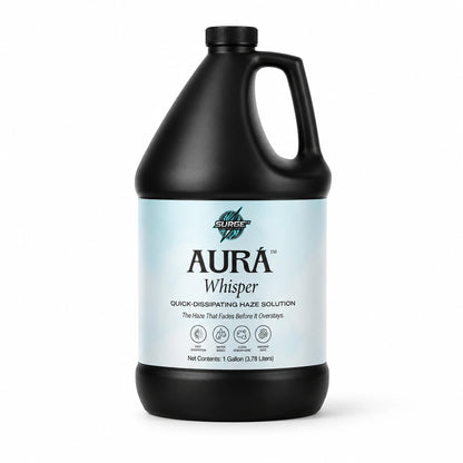 Clean white background hero image of Aurà Whisper fast-dissipating haze fluid in black bottle.