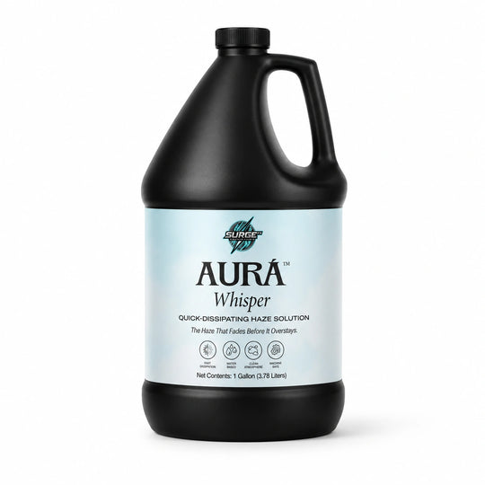 Clean white background hero image of Aurà Whisper fast-dissipating haze fluid in black bottle.