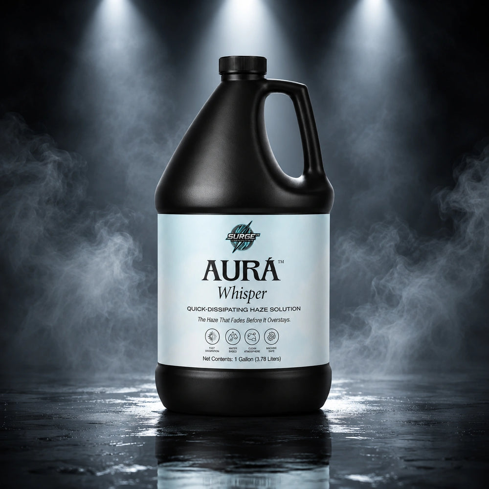 Aurà Whisper bottle in a dramatic stage lighting and haze environment.