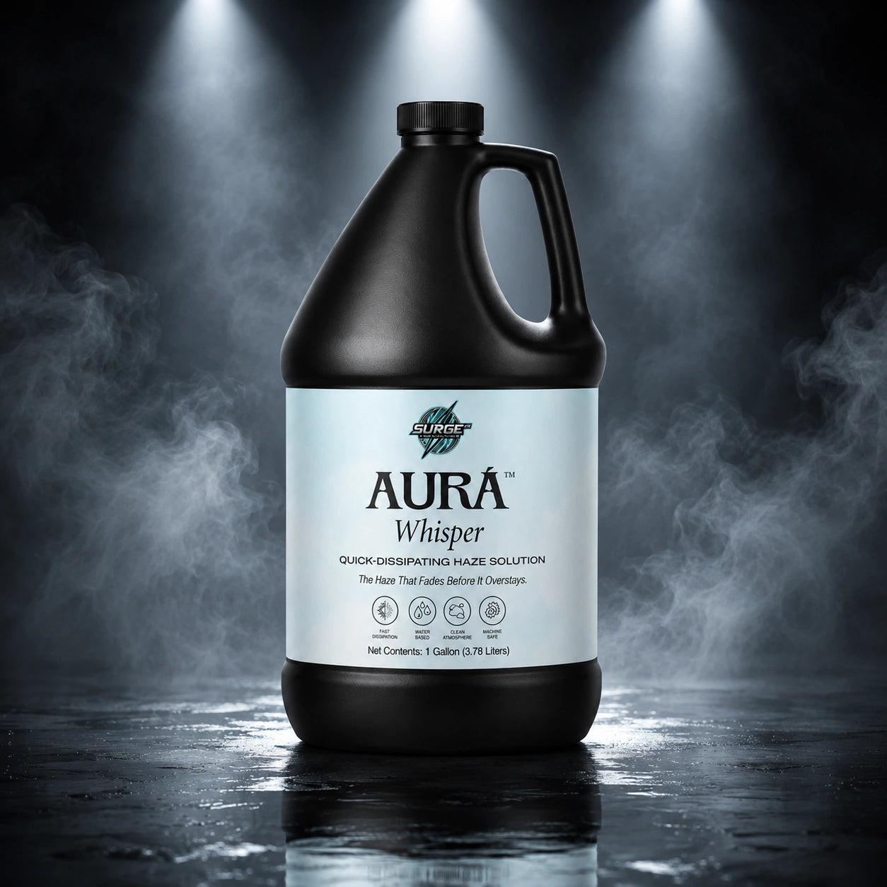 Aurà Whisper bottle in a dramatic stage lighting and haze environment.