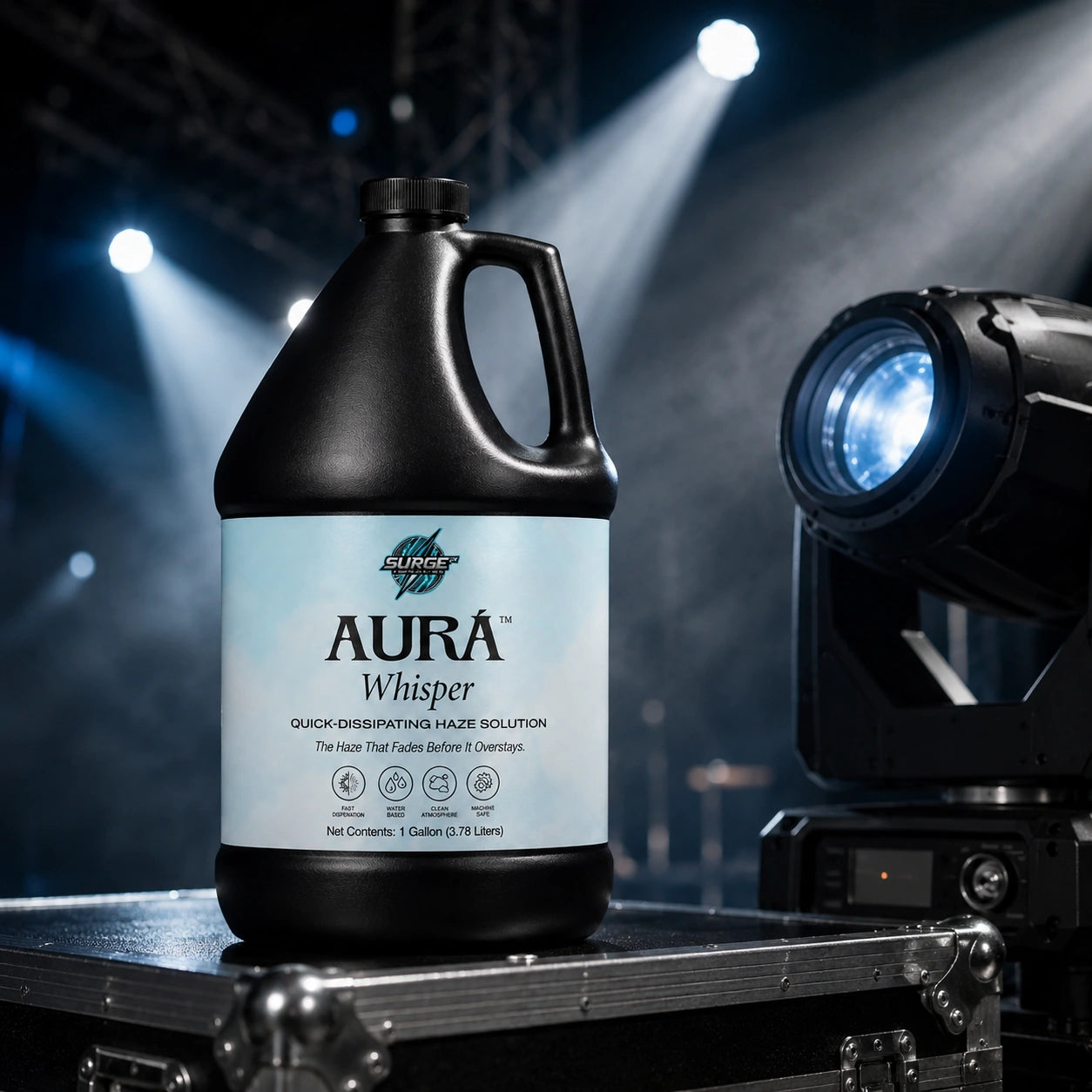 Aurà Whisper product shot with stage lighting and haze atmosphere.