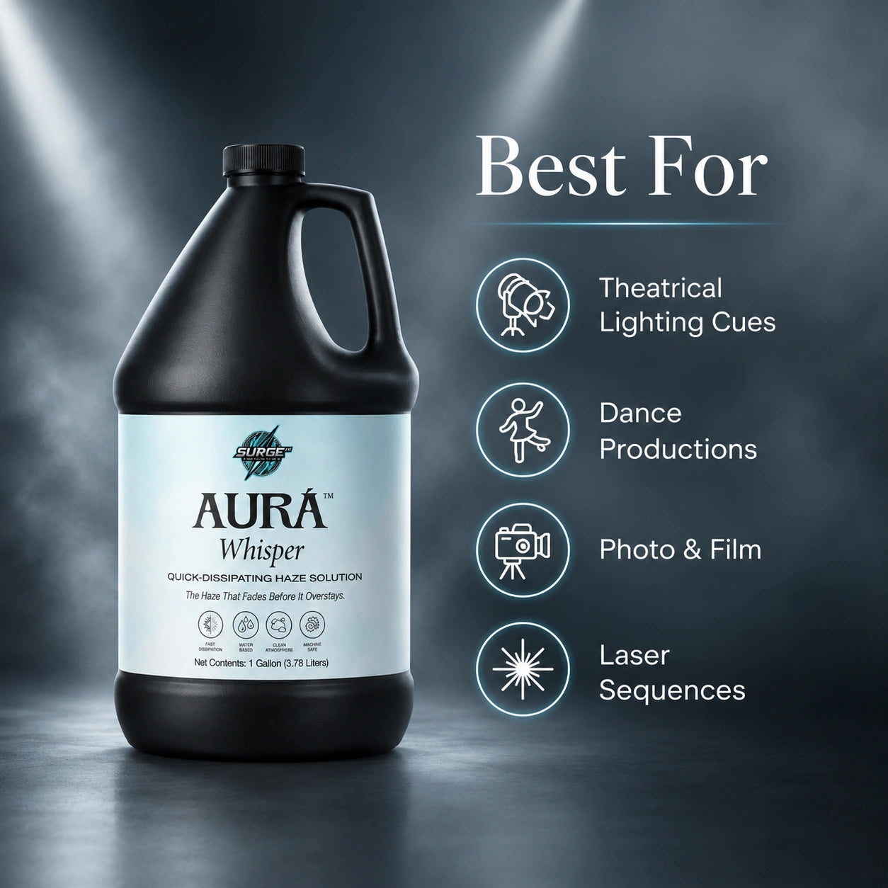Feature-focused graphic highlighting fast dissipation, water-based formula, clean atmosphere, machine safe, and 1-gallon size.