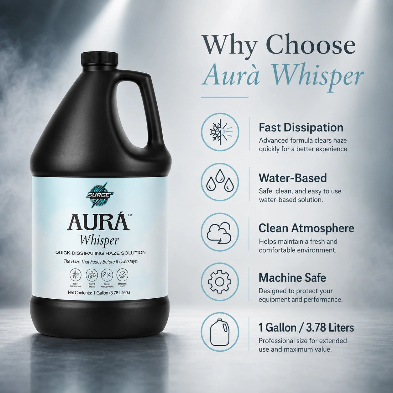 How-it-works graphic showing fill, enhance, and dissipate steps for Aurà Whisper haze fluid.