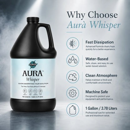How-it-works graphic showing fill, enhance, and dissipate steps for Aurà Whisper haze fluid.