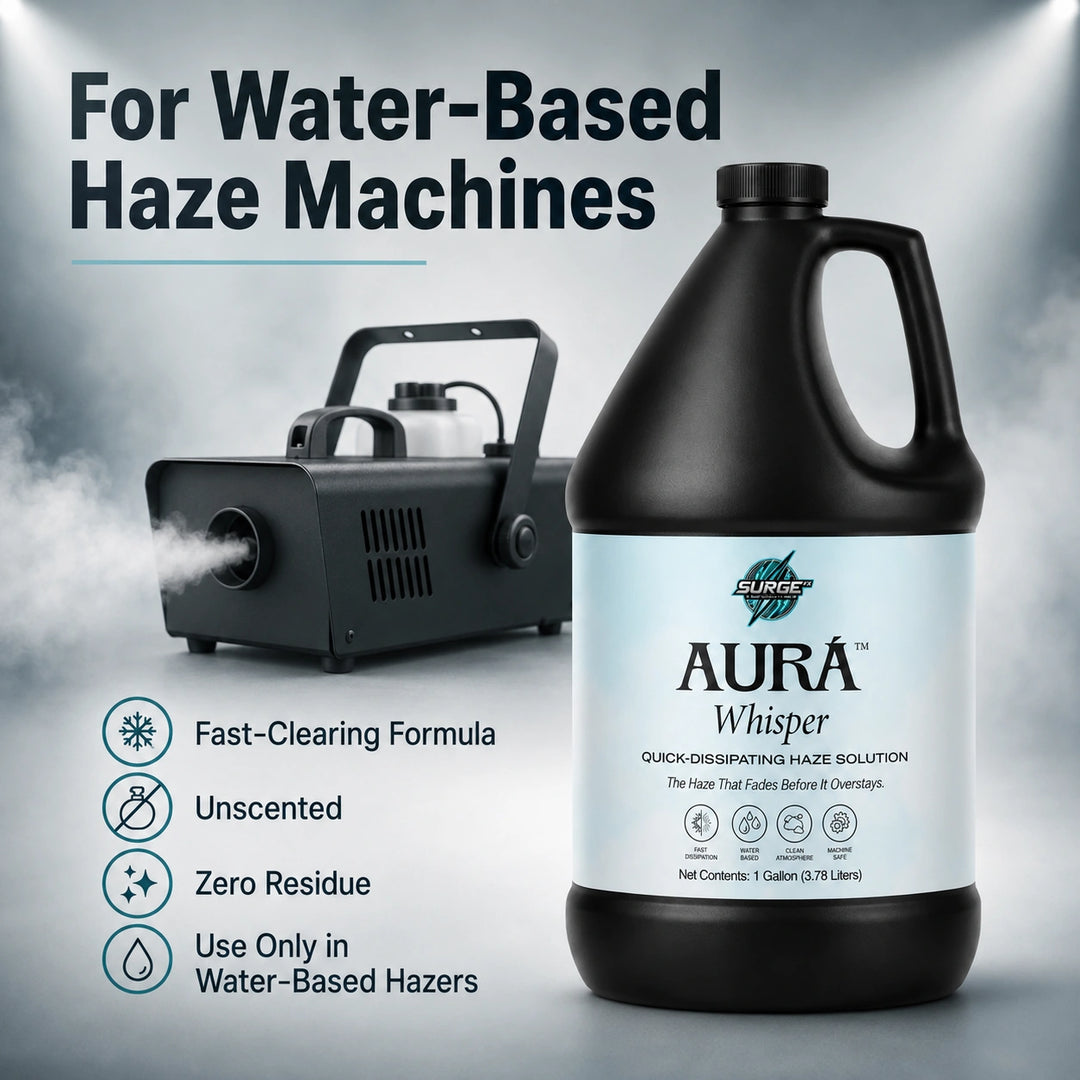 Compatibility graphic for water-based haze machines with fast-clearing formula callouts.