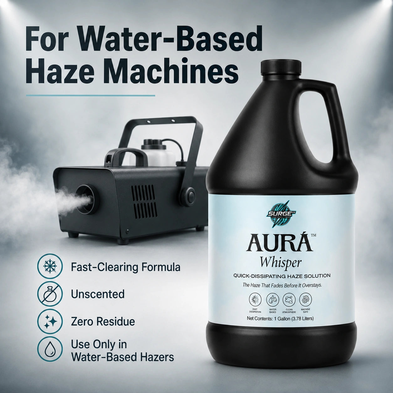 Compatibility graphic for water-based haze machines with fast-clearing formula callouts.