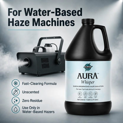 Compatibility graphic for water-based haze machines with fast-clearing formula callouts.