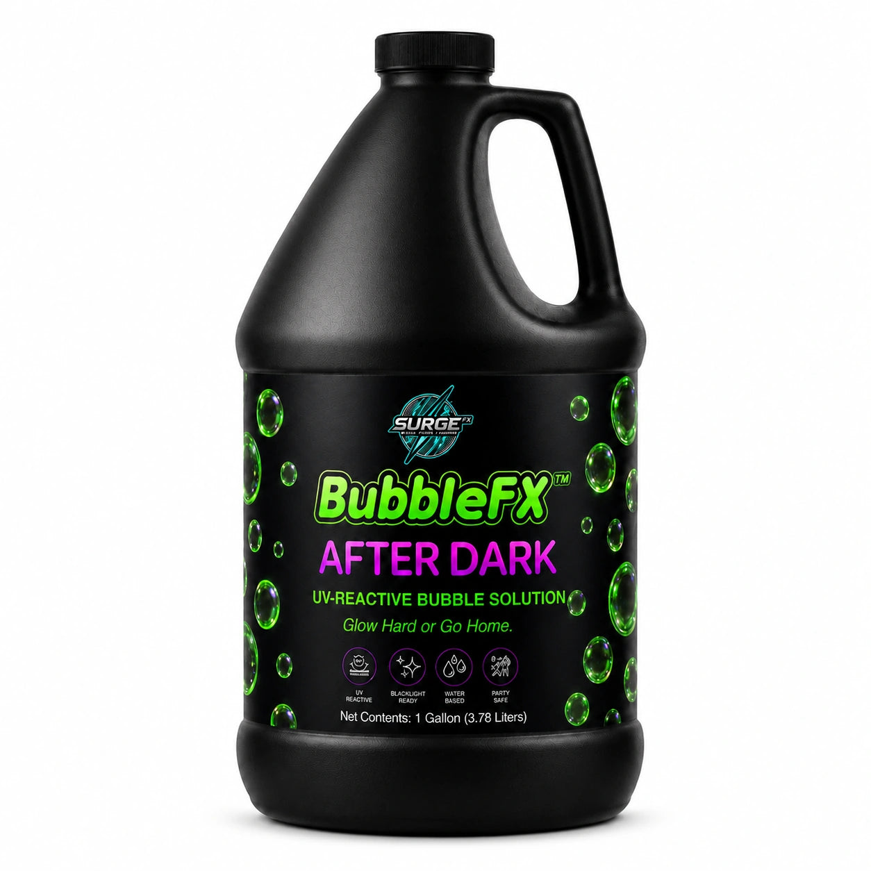 Pure white background hero image of the black-bottle BubbleFX After Dark jug