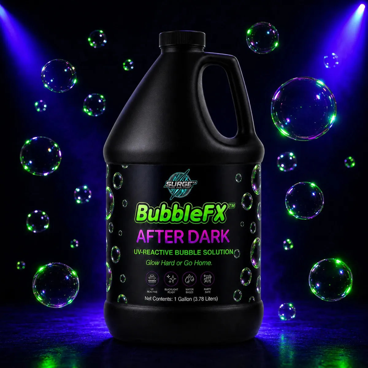 Lifestyle/product scene with realistic UV-reactive green-glowing bubbles in a neon club atmosphere