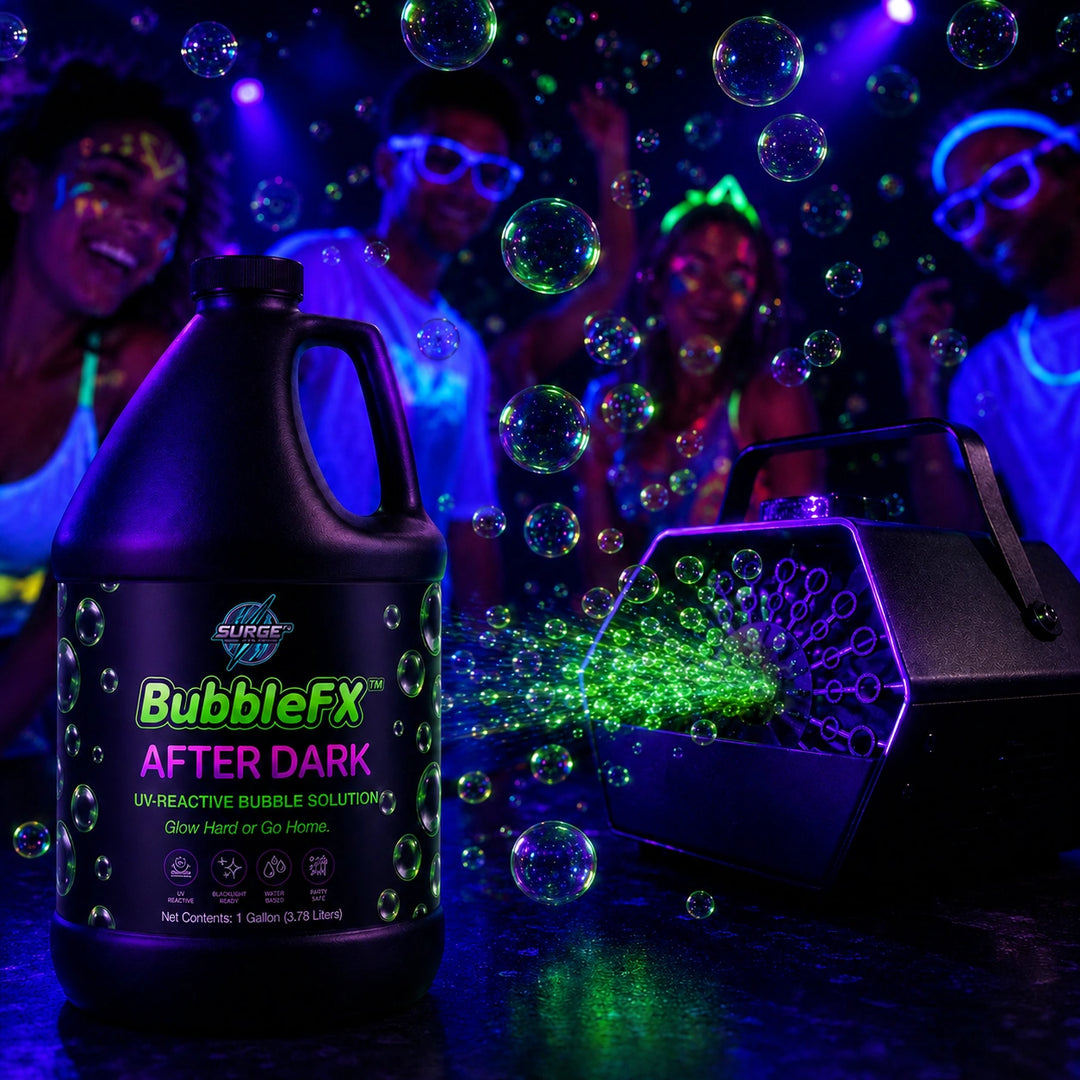 High-energy promotional scene with realistic UV-reactive bubbles and party ambience