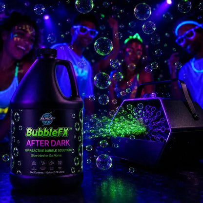 High-energy promotional scene with realistic UV-reactive bubbles and party ambience
