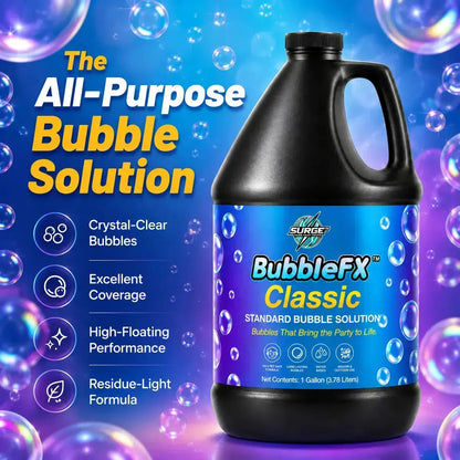 BubbleFX Classic black bottle with bright bubble-themed party background
