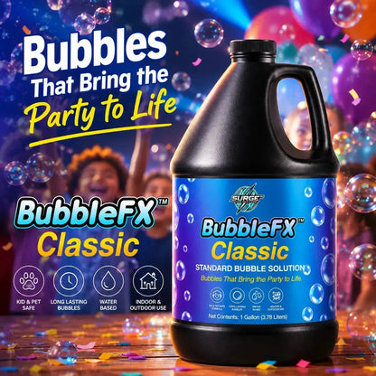 BubbleFX Classic black bottle in a colorful party scene with floating bubbles
