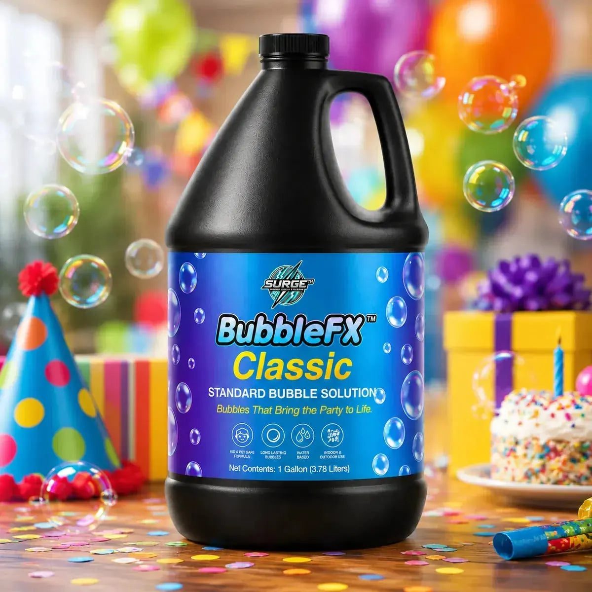 BubbleFX Classic promotional image showing kid and pet safe formula, long-lasting bubbles, water-based solution, and indoor outdoor use