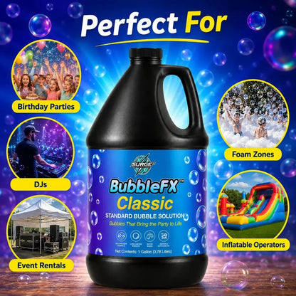 BubbleFX Classic infographic for birthday parties, DJs, event rentals, foam zones, and inflatable operators