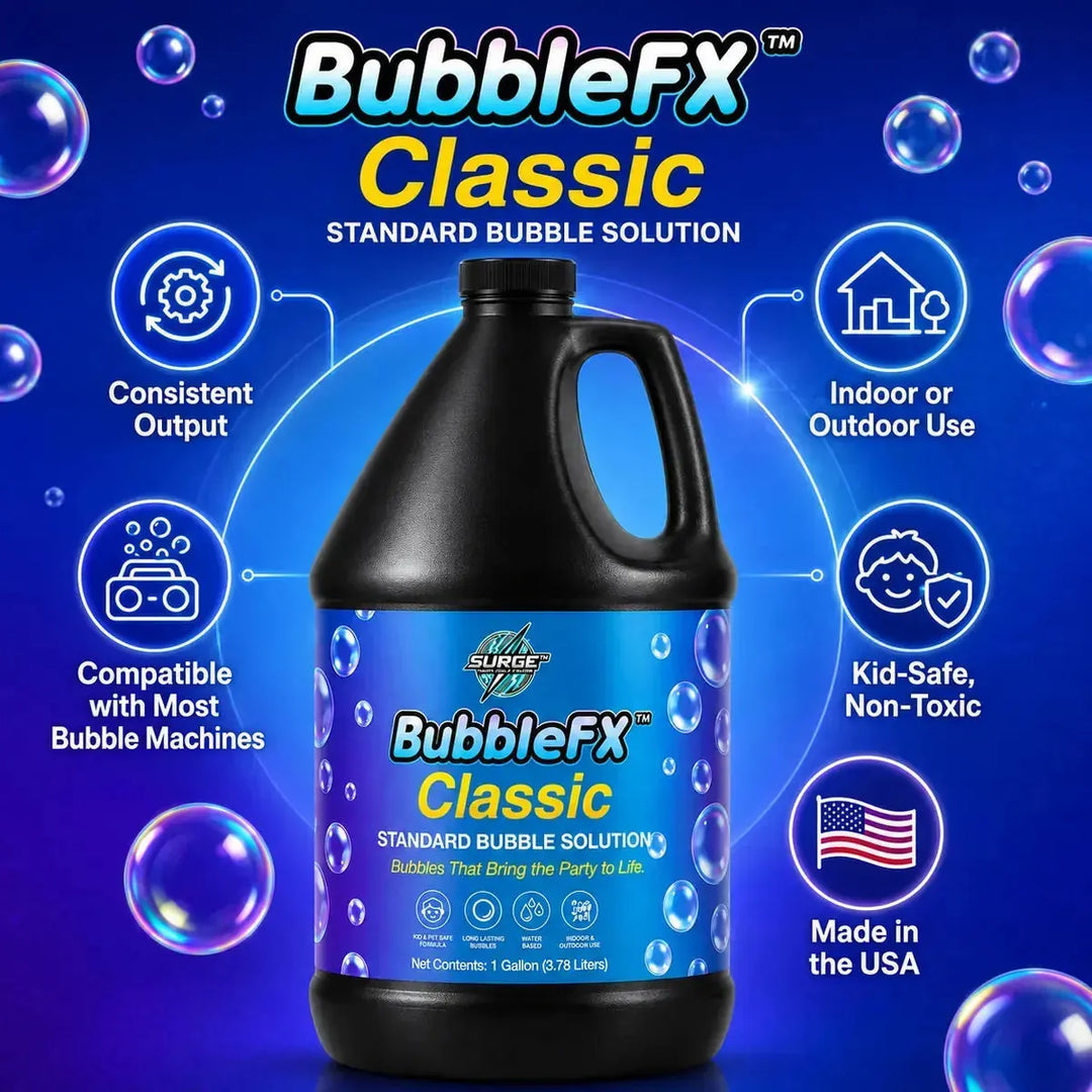 BubbleFX Classic feature infographic highlighting consistent output, bubble machine compatibility, indoor outdoor use, kid-safe non-toxic formula, and made in USA