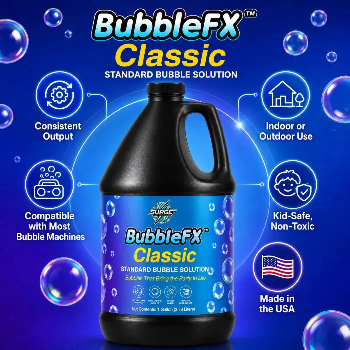 BubbleFX Classic feature infographic highlighting consistent output, bubble machine compatibility, indoor outdoor use, kid-safe non-toxic formula, and made in USA