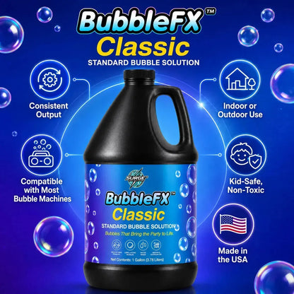 BubbleFX Classic feature infographic highlighting consistent output, bubble machine compatibility, indoor outdoor use, kid-safe non-toxic formula, and made in USA