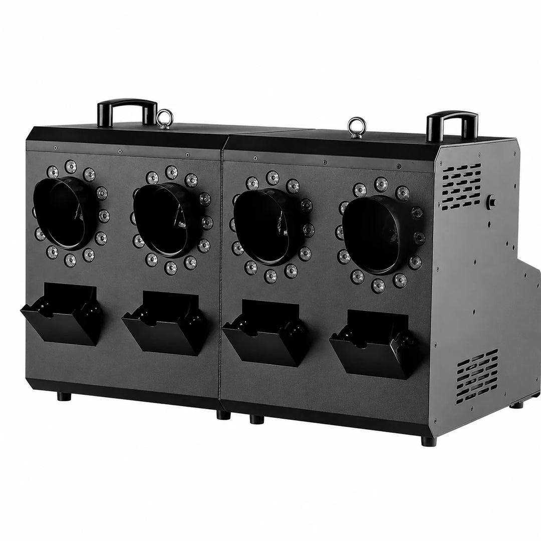 Four-head RGB fog and bubble machine shown on a clean white background.