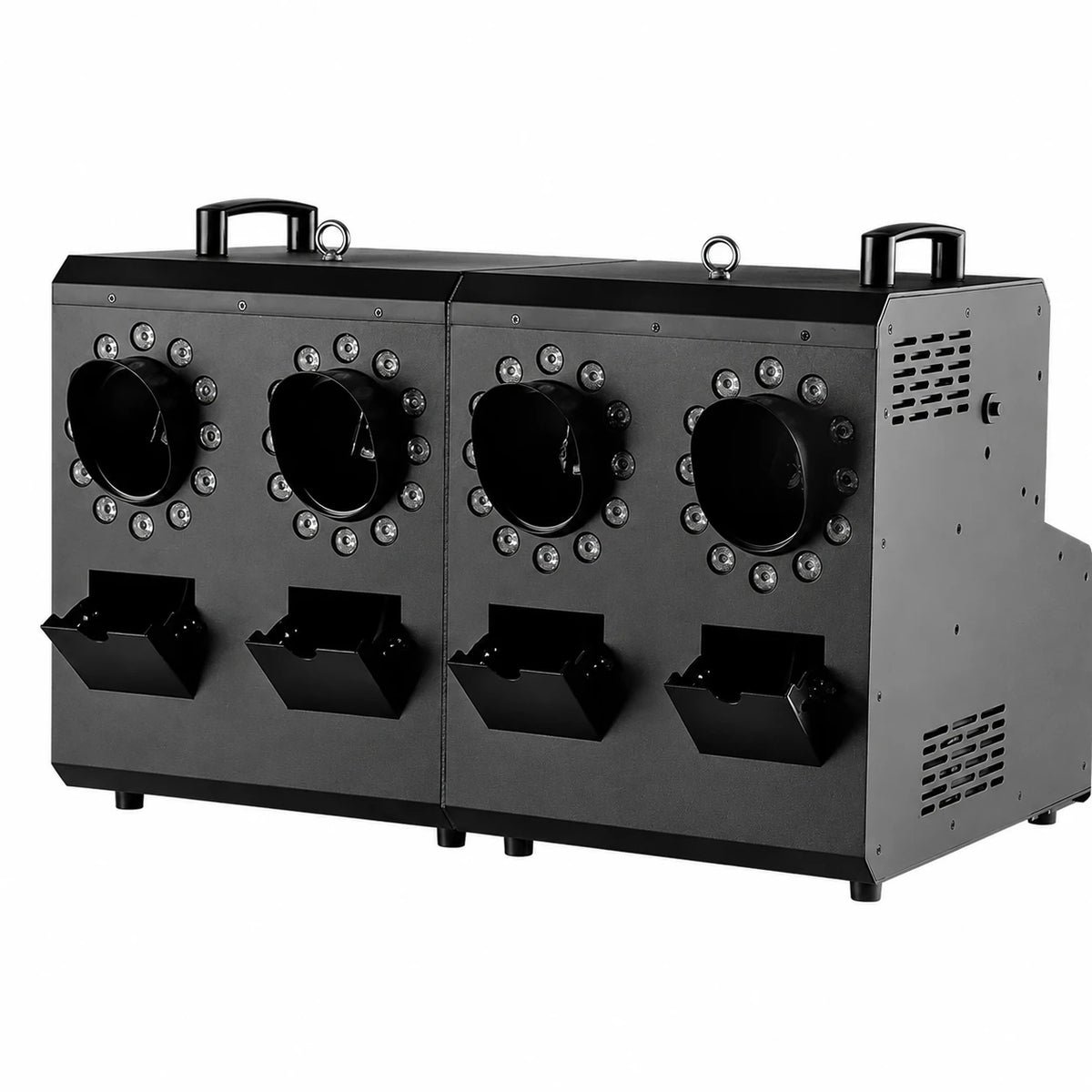 Four-head RGB fog and bubble machine shown on a clean white background.