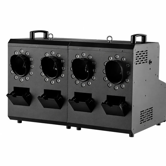 Four-head RGB fog and bubble machine shown on a clean white background.