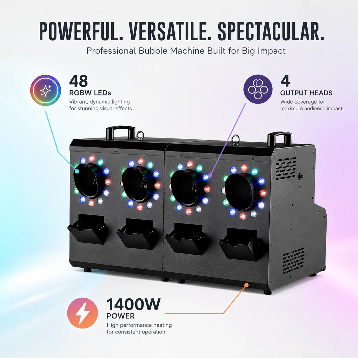 Four-head fog and bubble machine with 48 RGBW LEDs, four output heads, and 1400 watt power.