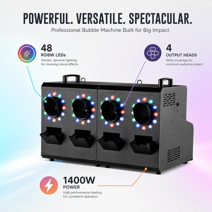 Four-head fog and bubble machine with 48 RGBW LEDs, four output heads, and 1400 watt power.