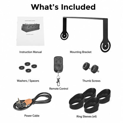 Included accessories for the four-head fog and bubble machine, including mounting bracket, remote, cable, hardware, rings, and manual.