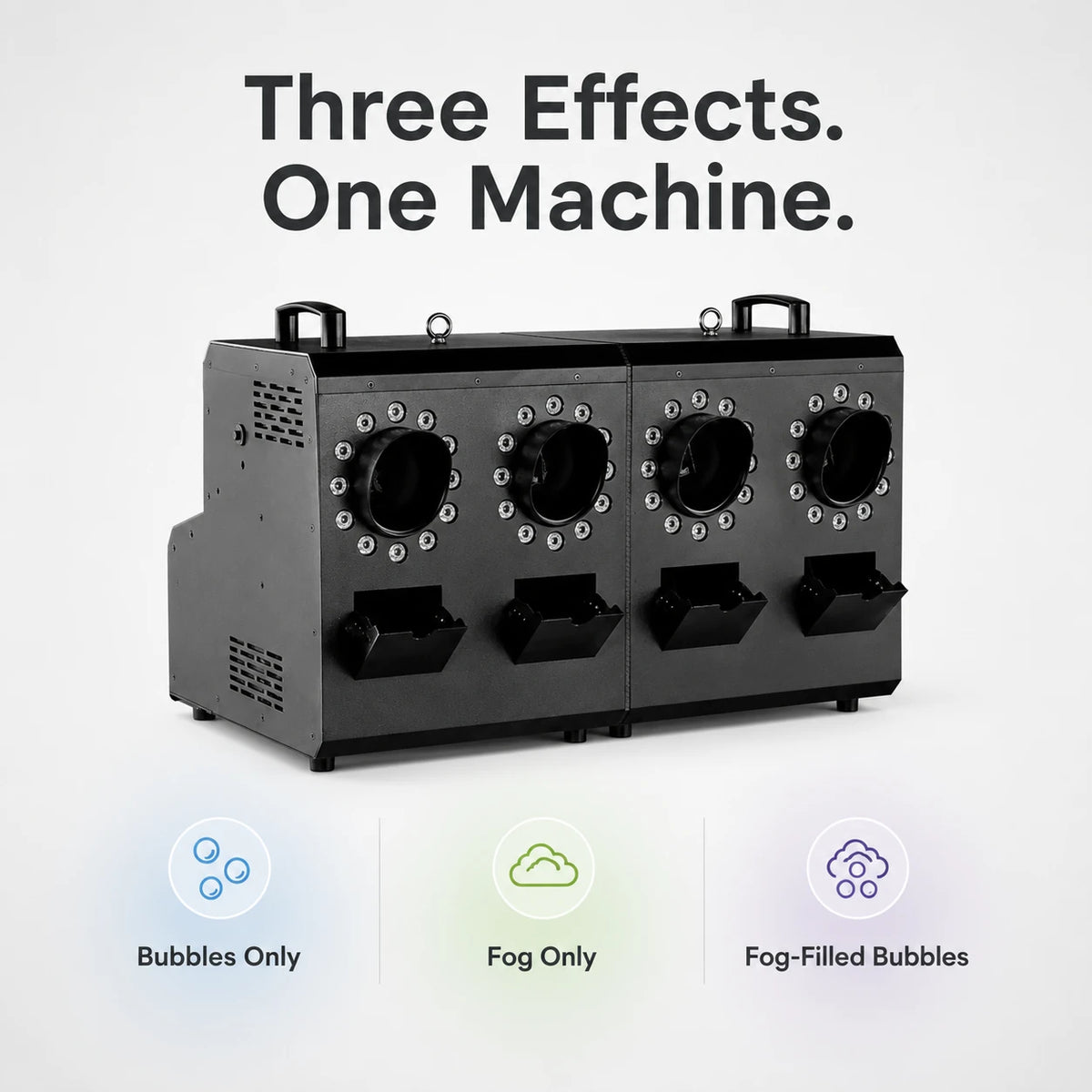 Four-head fog and bubble machine highlighting bubbles, fog, and fog-filled bubble effects.