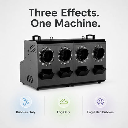 Four-head fog and bubble machine highlighting bubbles, fog, and fog-filled bubble effects.