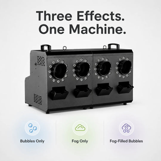 Four-head fog and bubble machine highlighting bubbles, fog, and fog-filled bubble effects.