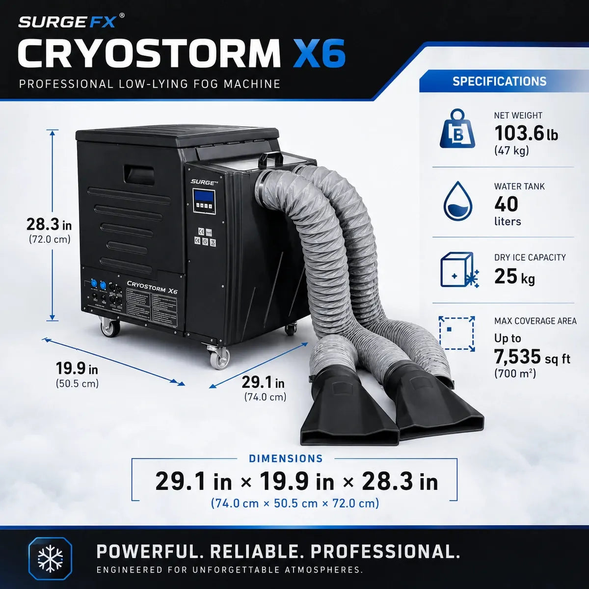 Cryostorm X6 6000W Dry Ice Low-Lying Fog Machine features and specs infographic