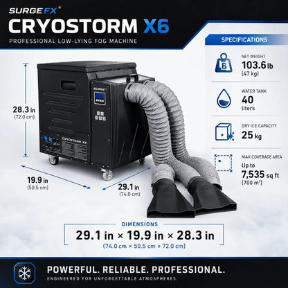 Cryostorm X6 6000W Dry Ice Low-Lying Fog Machine features and specs infographic