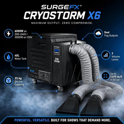 Cryostorm X6 6000W Dry Ice Low-Lying Fog Machine product overview infographic