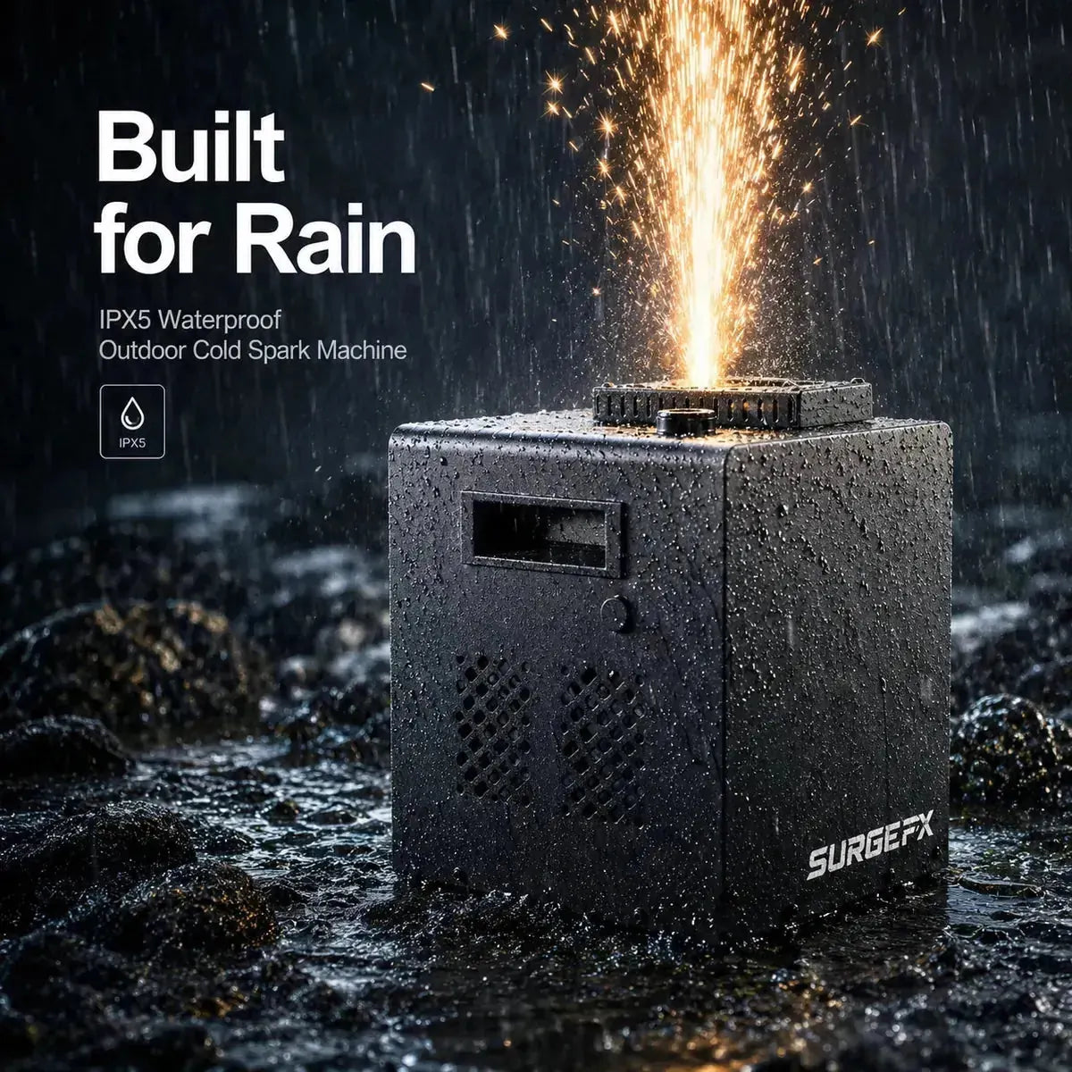 SurgeFX Elemental Spark waterproof outdoor spark machine — Rain and waterproof capability feature image