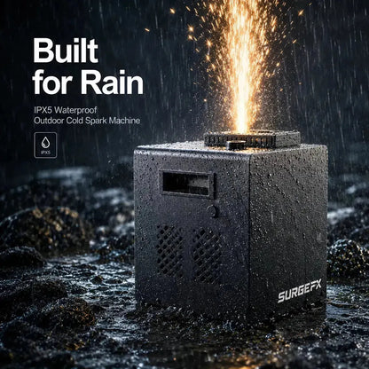 SurgeFX Elemental Spark waterproof outdoor spark machine — Rain and waterproof capability feature image