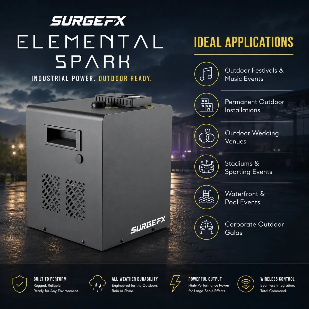 SurgeFX Elemental Spark waterproof outdoor spark machine — Outdoor events use-case image