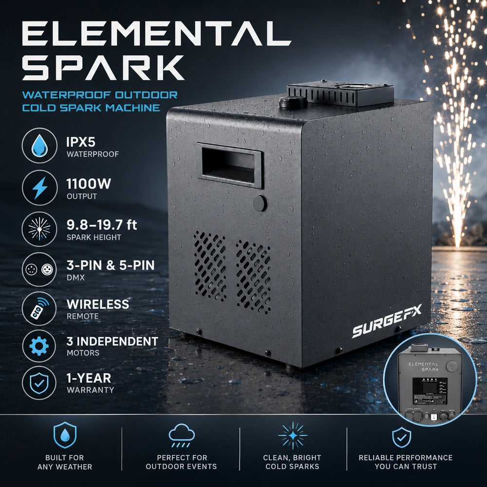 SurgeFX Elemental Spark waterproof outdoor spark machine — Product overview marketing image