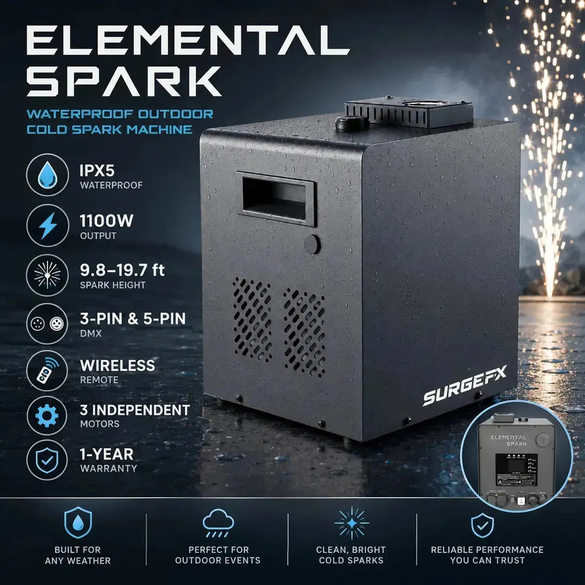 SurgeFX Elemental Spark waterproof outdoor spark machine — Product overview marketing image