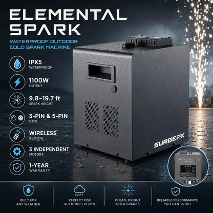 SurgeFX Elemental Spark waterproof outdoor spark machine — Product overview marketing image
